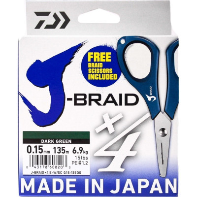 Шнур DAIWA J-Braid X4E-W/SC 0,15мм 135м dark green + ножницы